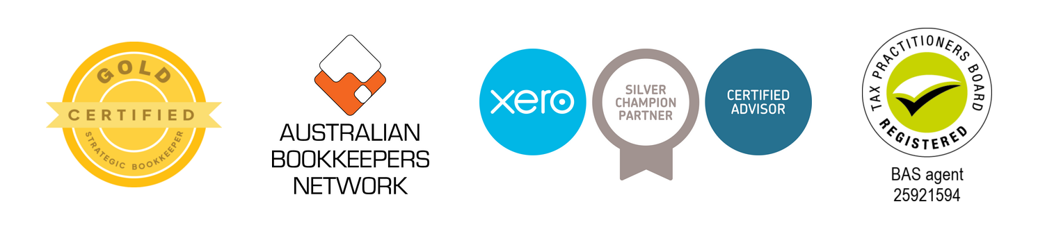 Gold Certified Strategic Bookkeeper, Australian Bookkeepers Network, Xero Silver Champion Partner, Xero Certified Advisor, Registered BAS Agent 25921594